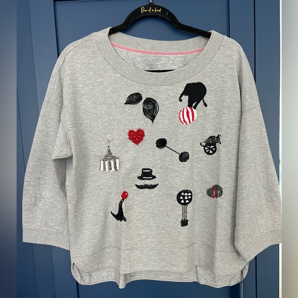 Marc Cain circus sweat shirt. Size 8 Fun sequined pieces, 3/4 sleeve.